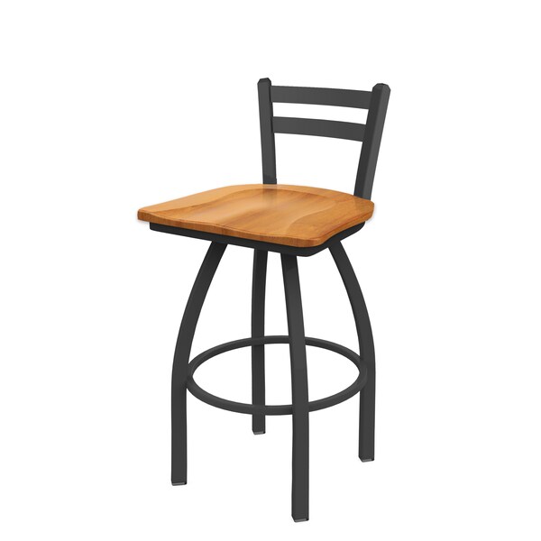 25" Low Back Swivel Counter Stool, Pewter Finish, Med Maple Seat